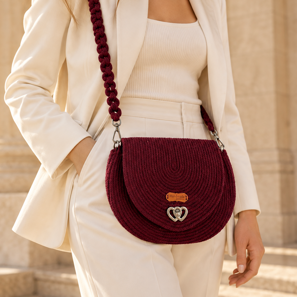 Bordeauxrote handgefertigte Saddle Bag NATA-002 mit geflochtenem Schulterriemen und Herzverschluss, getragen zu einem cremefarbenen Outfit